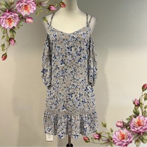 Apricot Lane floral cold shoulder mini Dress with laced up‎ back size small new